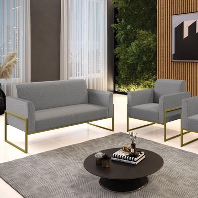 Sofá Namoradeira Com Poltrona Base Industrial Alta Dourado Marisa Linho Grafite A26 D03 - D\'rossi