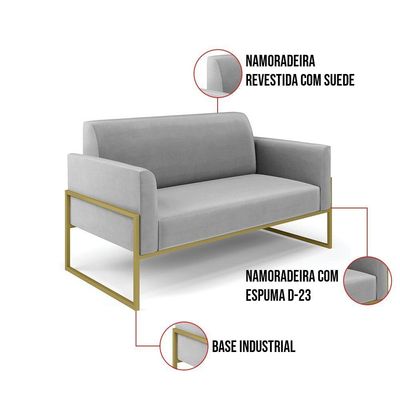 Sofá Namoradeira Base Industrial Alta Dourado Marisa Suede Cinza D03 - D\'rossi
