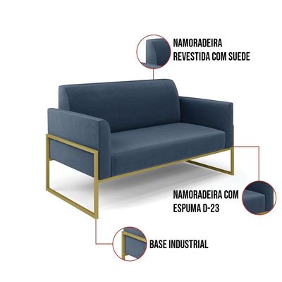 Sofá Namoradeira Base Industrial Alta Dourado Marisa Suede Azul Marinho D03 - D\'rossi