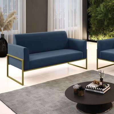 Sofá Namoradeira Base Industrial Alta Dourado Marisa Suede Azul Marinho D03 - D\'rossi