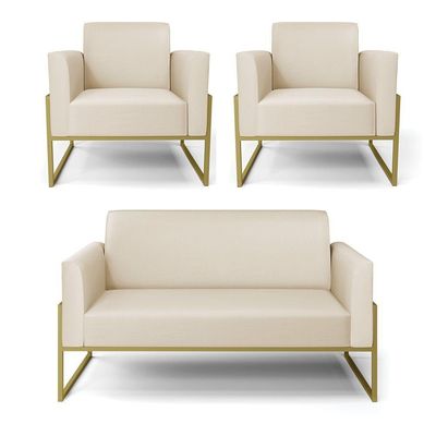 Sofá Namoradeira Com 2 Poltronas Base Industrial Alta Dourado Marisa Corino Bege D03 - D\'rossi