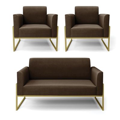 Sofá Namoradeira Com 2 Poltronas Base Industrial Alta Dourado Marisa Suede D03 - D\'rossi Cor Marrom