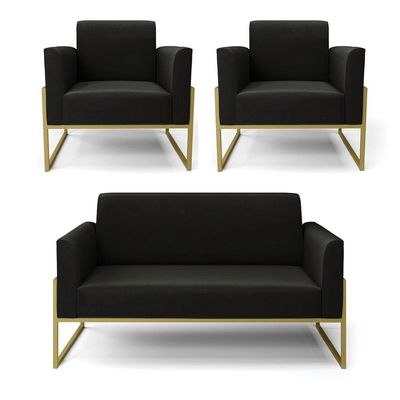 Sofá Namoradeira Com 2 Poltronas Base Industrial Alta Dourado Marisa Suede Preto D03 - D\'rossi