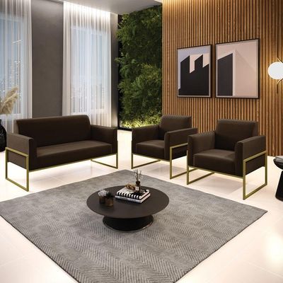 Sofá Namoradeira Com 2 Poltronas Base Industrial Alta Dourado Marisa Suede D03 - D\'rossi Cor Marrom
