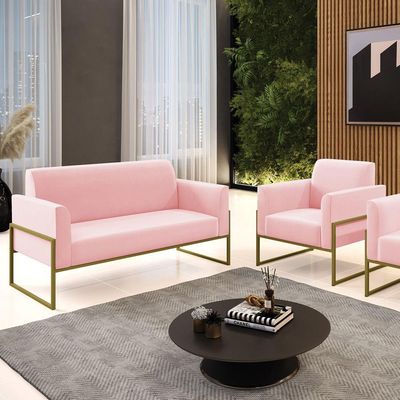 Sofá Namoradeira Com Poltrona Base Industrial Alta Dourado Marisa Suede D03 - D\'rossi Cor Rosa Bebê