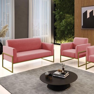 Sofá Namoradeira Com Poltrona Base Industrial Alta Dourado Marisa Suede D03 - D\'rossi Cor Rose