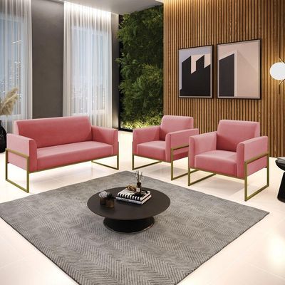 Sofá Namoradeira Com 2 Poltronas Base Industrial Alta Dourado Marisa Suede D03 - D\'rossi Cor Rose