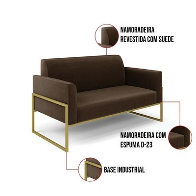 Sofá Namoradeira Com Poltrona Base Industrial Alta Dourado Marisa Suede D03 - D\'rossi Cor Marrom