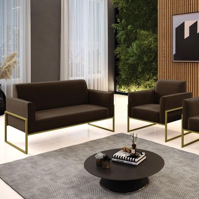 Sofá Namoradeira Com Poltrona Base Industrial Alta Dourado Marisa Suede D03 - D\'rossi Cor Marrom