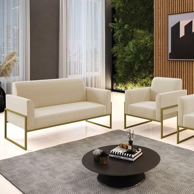 Sofá Namoradeira Com Poltrona Base Industrial Alta Dourado Marisa Suede D03 - D\'rossi Cor Bege