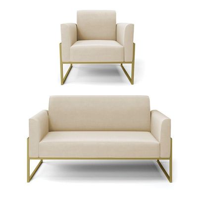 Sofá Namoradeira Com Poltrona Base Industrial Alta Dourado Marisa Suede D03 - D\'rossi Cor Bege