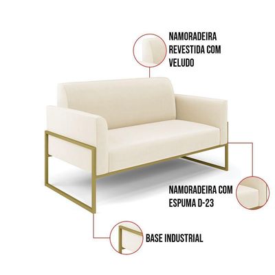 Sofá Namoradeira Base Industrial Alta Dourado Marisa Veludo D03 - D\'rossi Cor Bege