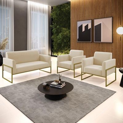 Sofá Namoradeira Com 2 Poltronas Base Industrial Alta Dourado Marisa Suede Bege D03 - D\'rossi