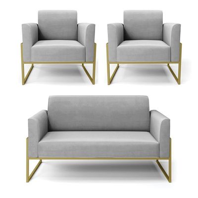 Sofá Namoradeira Com 2 Poltronas Base Industrial Alta Dourado Marisa Suede D03 - D\'rossi Cor Cinza