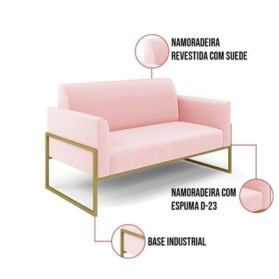 Sofá Namoradeira Com Poltrona Base Industrial Alta Dourado Marisa Suede Rosa Bebê D03 - D\'rossi