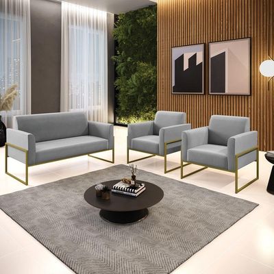 Sofá Namoradeira Com 2 Poltronas Base Industrial Alta Dourado Marisa Suede D03 - D\'rossi Cor Cinza