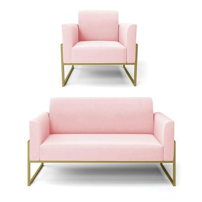 Sofá Namoradeira Com Poltrona Base Industrial Alta Dourado Marisa Suede Rosa Bebê D03 - D\'rossi