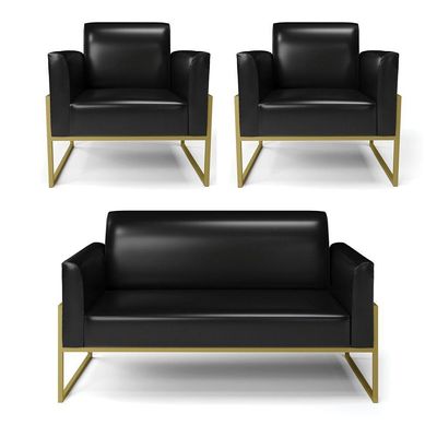 Sofá Namoradeira Com 2 Poltronas Base Industrial Alta Dourado Marisa Corano Preto D03 - D\'rossi