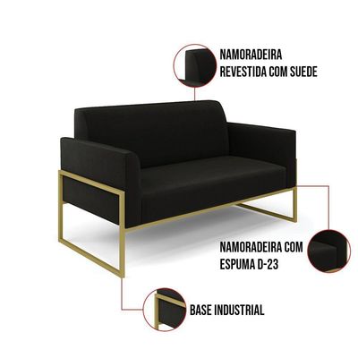 Sofá Namoradeira Com Poltrona Base Industrial Alta Dourado Marisa Suede Preto D03 - D\'rossi