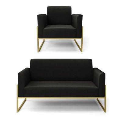 Sofá Namoradeira Com Poltrona Base Industrial Alta Dourado Marisa Suede Preto D03 - D\'rossi