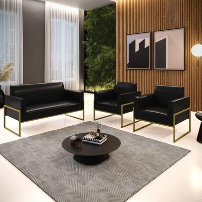 Sofá Namoradeira Com 2 Poltronas Base Industrial Alta Dourado Marisa Corano Preto D03 - D\'rossi
