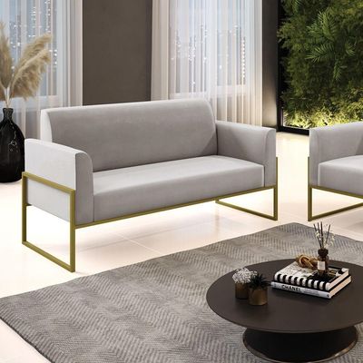 Sofá Namoradeira Base Industrial Alta Dourado Marisa Veludo Cinza D03 - D\'rossi