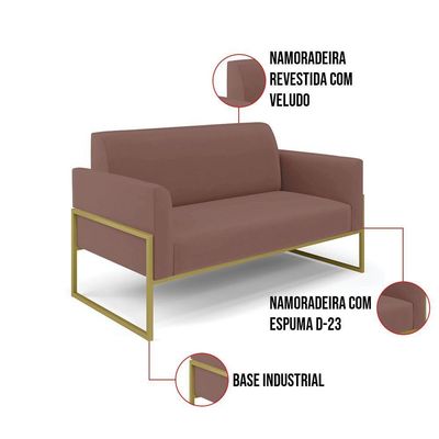 Sofá Namoradeira Base Industrial Alta Dourado Marisa Veludo D03 - D\'rossi Cor Rose