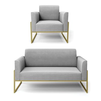 Sofá Namoradeira Com Poltrona Base Industrial Alta Dourado Marisa Suede D03 - D\'rossi Cor Cinza