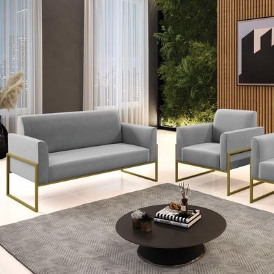 Sofá Namoradeira Com Poltrona Base Industrial Alta Dourado Marisa Suede D03 - D\'rossi Cor Cinza