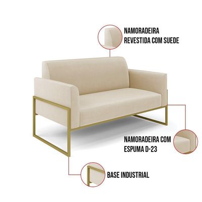 Sofá Namoradeira Com Poltrona Base Industrial Alta Dourado Marisa Suede Bege D03 - D\'rossi