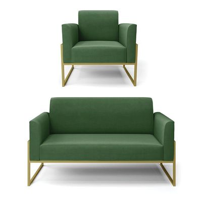 Sofá Namoradeira Com Poltrona Base Industrial Alta Dourado Marisa Suede Verde D03 - D\'rossi