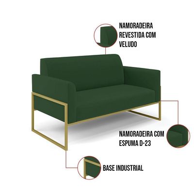 Sofá Namoradeira Base Industrial Alta Dourado Marisa Veludo Verde D03 - D\'rossi