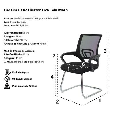 Kit 2 Cadeiras Escritório Basic Diretor Fixa Tela Mesh Preta Base Cromada