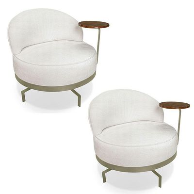 Kit 2 Poltronas Decorativa Andromeda Linho Bouclê Bege Pérola Base Giratória De Ferro - Pallazio