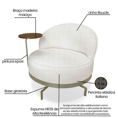 Poltrona Decorativa Andromeda Linho Bouclê Bege Pérola Base Giratória De Ferro - Pallazio