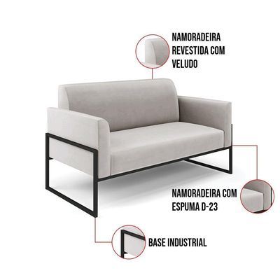 Sofá Namoradeira Base Industrial Alta Preto Marisa Veludo Cinza D03 - D\'rossi