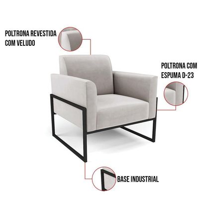 Kit 2 Poltronas Base Industrial Alta Preto Marisa Veludo D03 - D\'rossi Cor Cinza