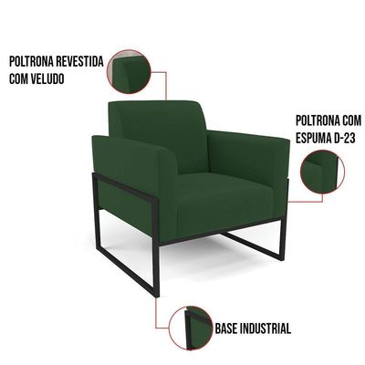 Kit 2 Poltronas Base Industrial Alta Preto Marisa Veludo D03 - D\'rossi Cor Verde