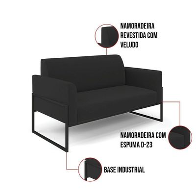 Sofá Namoradeira Base Industrial Alta Preto Marisa Veludo Preto D03 - D\'rossi