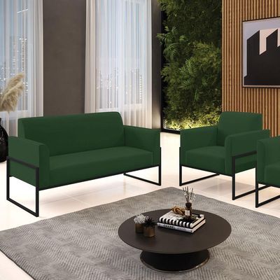Sofá Namoradeira Com Poltrona Base Industrial Alta Preto Marisa Veludo Verde D03 - D\'rossi