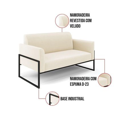 Sofá Namoradeira Com 2 Poltronas Base Industrial Alta Preto Marisa Veludo D03 - D\'rossi Cor Bege