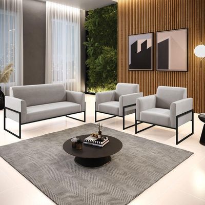 Sofá Namoradeira Com 2 Poltronas Base Industrial Alta Preto Marisa Veludo D03 - D\'rossi Cor Cinza