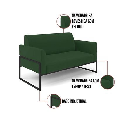 Sofá Namoradeira Com 2 Poltronas Base Industrial Alta Preto Marisa Veludo D03 - D\'rossi Cor Verde