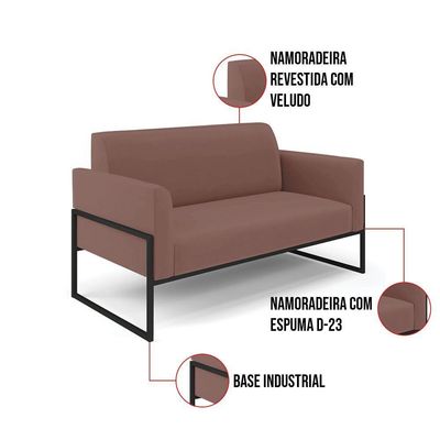 Sofá Namoradeira Com 2 Poltronas Base Industrial Alta Preto Marisa Veludo D03 - D\'rossi Cor Rose