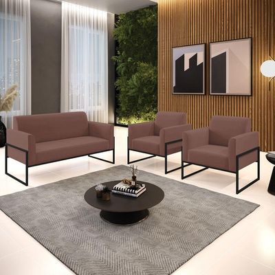 Sofá Namoradeira Com 2 Poltronas Base Industrial Alta Preto Marisa Veludo Rosê D03 - D\'rossi