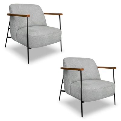 Kit 2 Poltronas Decorativa Celeste Linho Bouclê Cinza Claro Base De Ferro Preto - Pallazio