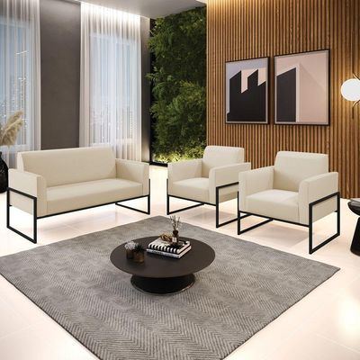 Sofá Namoradeira Com 2 Poltronas Base Industrial Alta Preto Marisa Corino Bege D03 - D\'rossi