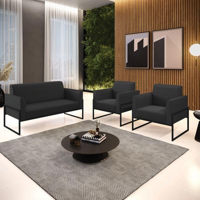 Sofá Namoradeira Com 2 Poltronas Base Industrial Alta Preto Marisa Corino Preto D03 - D\'rossi