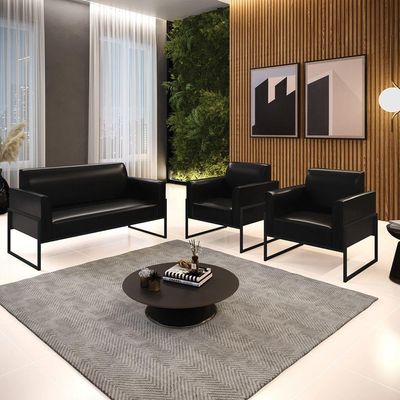 Sofá Namoradeira Com 2 Poltronas Base Industrial Alta Preto Marisa Corano Preto D03 - D\'rossi