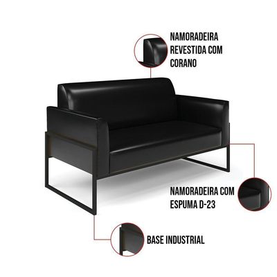 Sofá Namoradeira Com 2 Poltronas Base Industrial Alta Preto Marisa Corano Preto D03 - D\'rossi